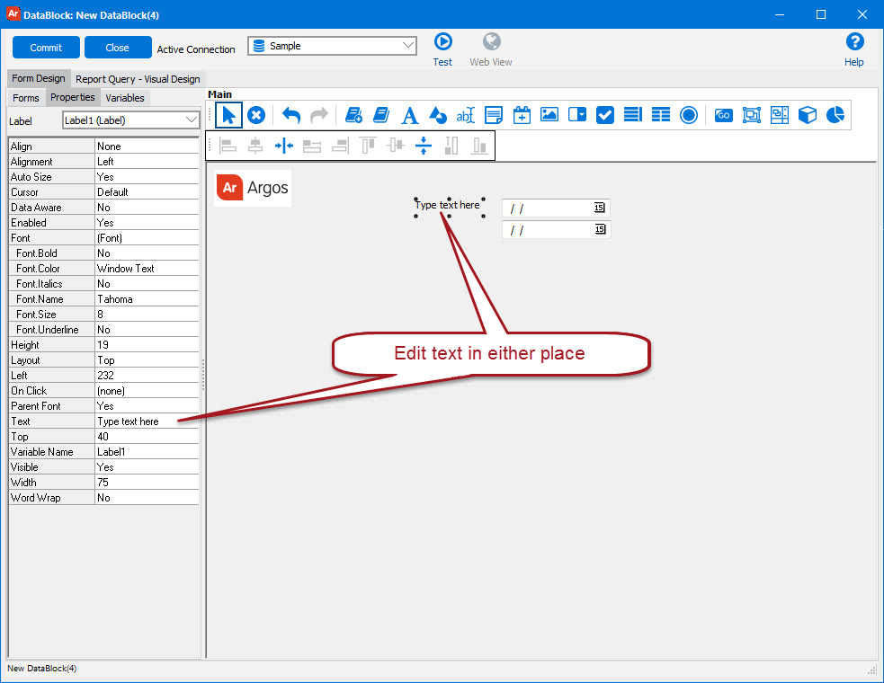 Two places in the DataBlock Designer where text can be added for a Label Object.